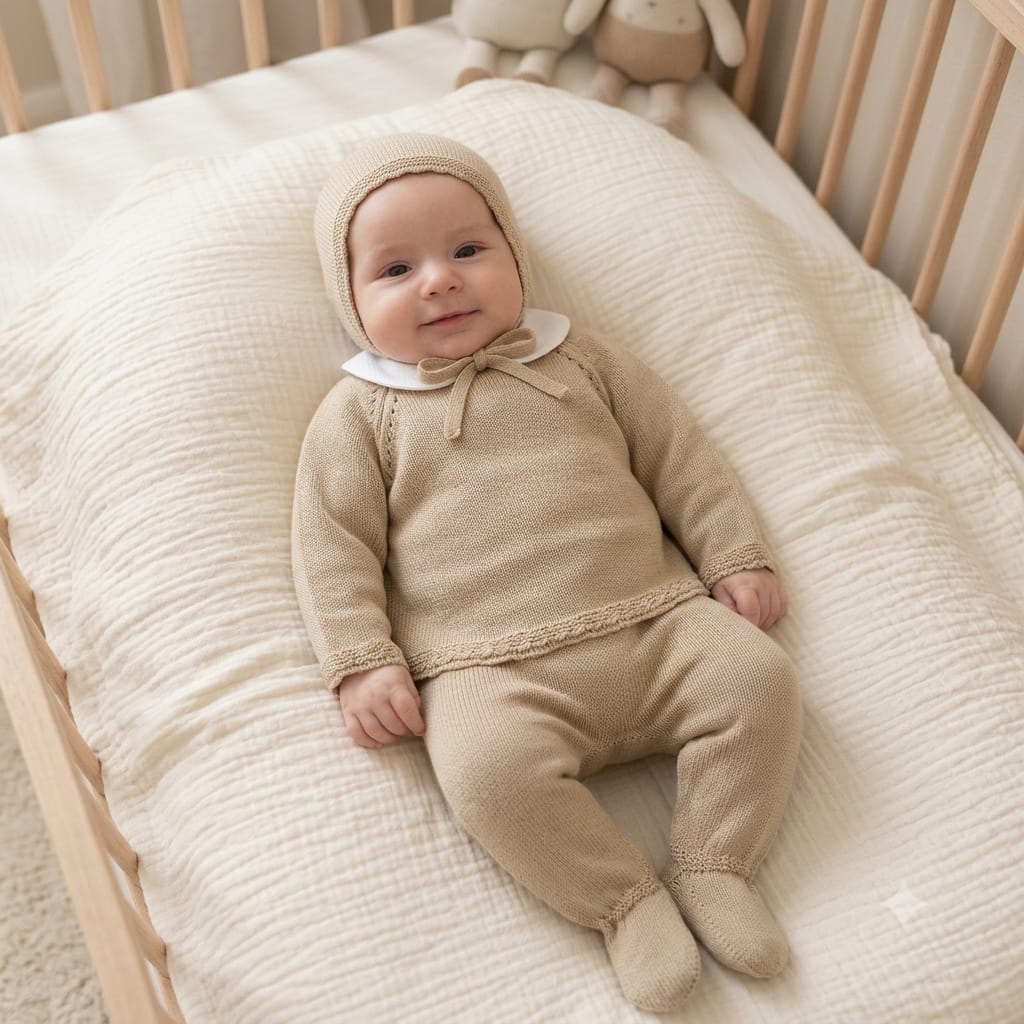WhatsApp Image 2026-08-21 at 171715 1 - Da-Da Kids Smiling baby in beige knitted outfit and bonnet lying in a cream crib blanket.