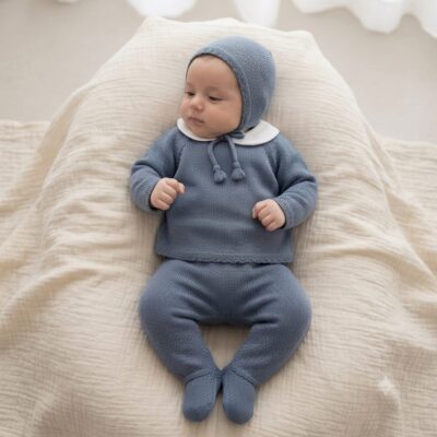 WhatsApp Image 2026-08-21 at 171715 - Da-Da Kids Infant wearing a blue knit hat and matching sweater and pants, resting on a cream quilted blanket.