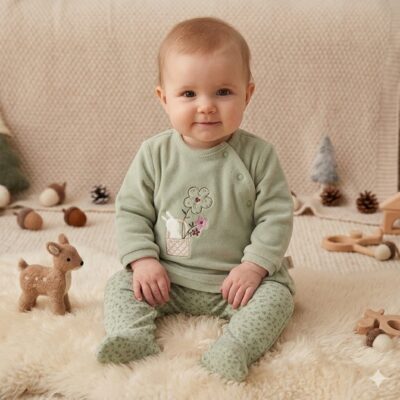 c1919ef6-ade6-4c84-a65f-df9c28cc6a23 - Da-Da Kids Baby sitting on a cream shag rug in sage-green outfit, surrounded by soft toys and wooden blocks.