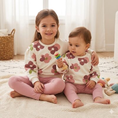 cc20ed2e-a147-4722-9892-0ece826d6863 - Da-Da Kids Two sisters in matching floral sweaters sit on a rug, one holding a colorful stacking ring toy between them at home.