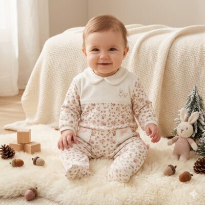 d9c8443f-ba24-47ee-a459-44ddb0eafdf7 - Da-Da Kids Smiling baby in a floral onesie sits on a fluffy cream rug with wooden blocks, pinecones, and a knitted bunny nearby.
