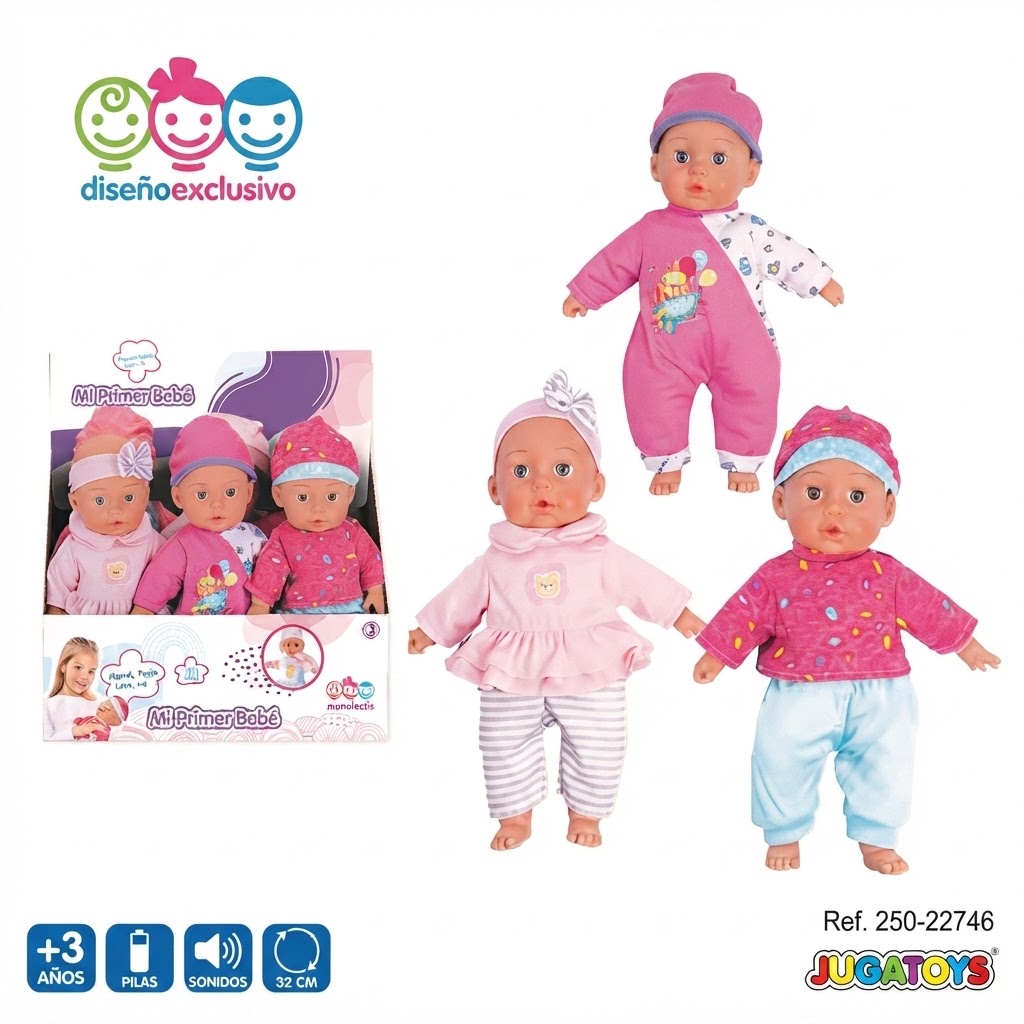 de5391a9-cf92-4106-95a0-615d3126d491 - Da-Da Kids Four colorful baby dolls in pink and pastel outfits, displayed with packaging on the left and JUGATOYS branding visible (toy set for ages 3+).