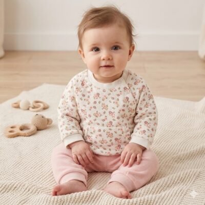de893e3f-ecd6-4b47-8932-55a15d4c0fe7 - Da-Da Kids Baby girl sitting on a cream rug, wearing a floral-patterned sweater and pink pants, looking at the camera with wooden toys nearby.