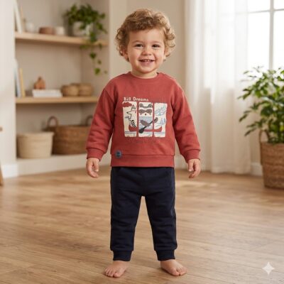 Smiling toddler standing barefoot on a wooden floor in a red sweatshirt and navy pants indoors.