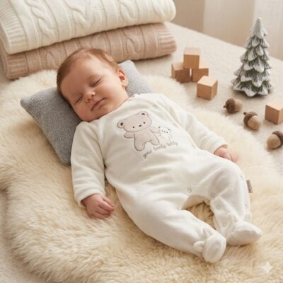 Sleeping baby in a white bear-themed onesie, resting on a fluffy cream rug with knitted blankets and wooden toys nearby.