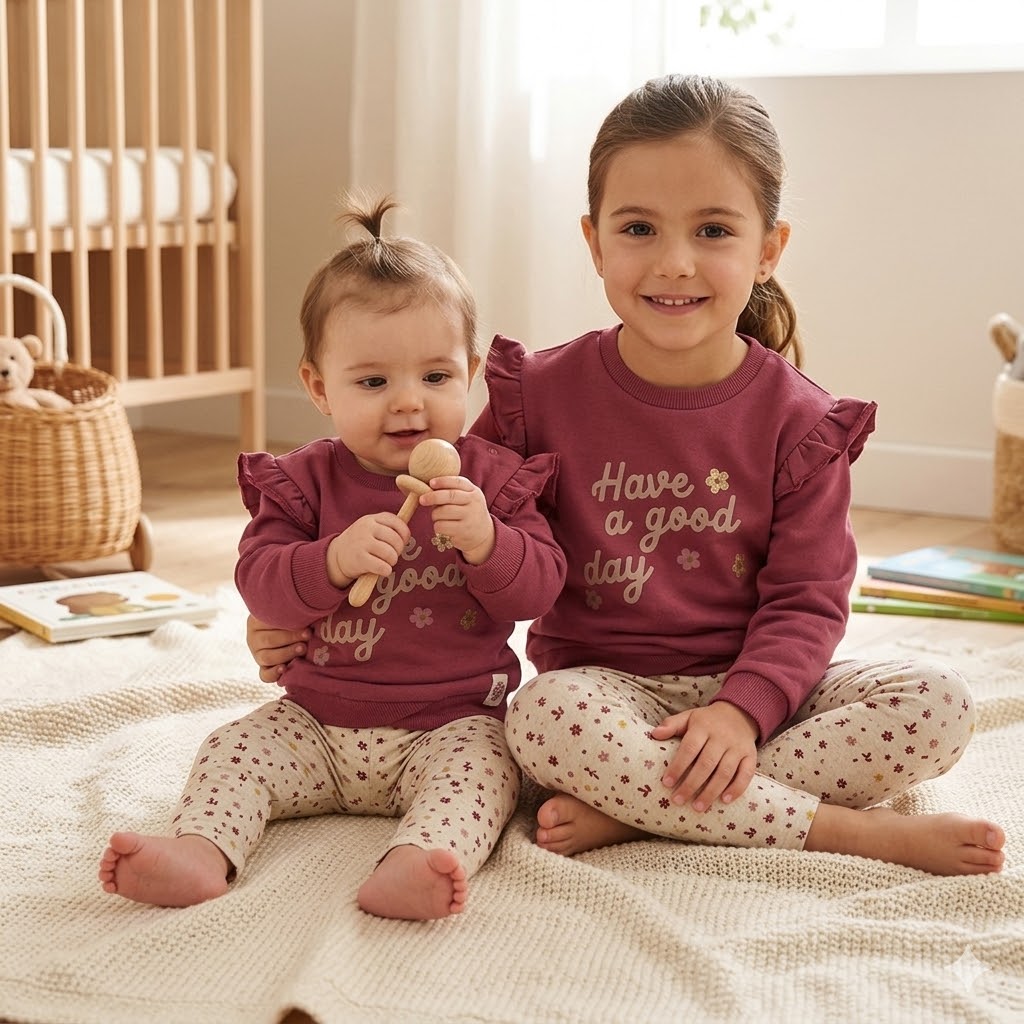 f60348fd-ad1d-45a6-b154-da72ea7d8310 - Da-Da Kids Two sisters sit on a beige rug in matching burgundy outfits; the younger one plays with a wooden rattle while the older smiles at the camera.