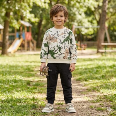 f9fbe102-8d8b-4fe9-aaf4-ff3edadf390b - Da-Da Kids Young boy in a dinosaur-print sweatshirt and black joggers stands on a park path, holding a small toy dinosaur.
