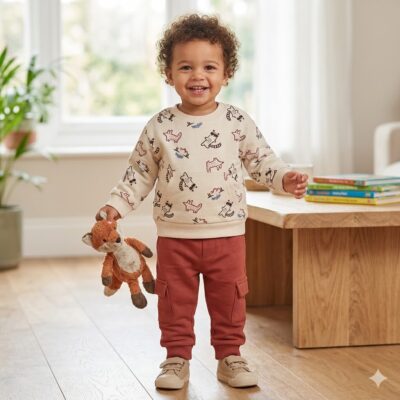 fc2eef74-e226-4c45-b9f0-21d9f3c128e1 - Da-Da Kids Smiling toddler standing indoors, holding a plush fox toy, wearing a beige animal-patterned sweater and red pants.